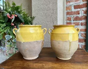 Antique PAIR Set 2 French Confit Pot Yellow Glazed Pottery Provincial 19th c. - Picture 1 of 12