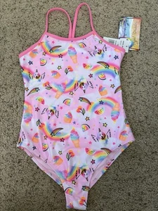 Angel Beach Rainbow Unicorn Dog Cupcake Stars Strappy One Piece Swimsuit Size 12 - Picture 1 of 5