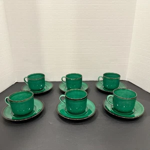 Set of 6 Varages Pottery Tea Cups & Saucers Green Glazed Stoneware France - Picture 1 of 13