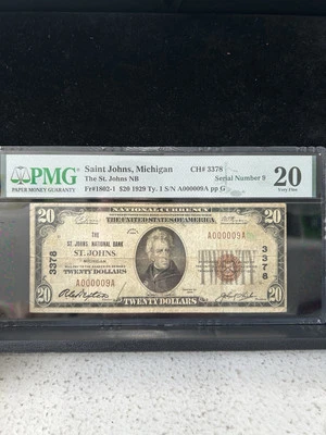 SASA 1929 St John’s National Bank Michigan $20 Pmg Vf20 Low Serial Number 9 - Image 1 of 2
