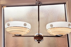 1930s ART Deco Chrome Two Light Chandelier Pendant Frosted Peach Glass Shades - Picture 1 of 23