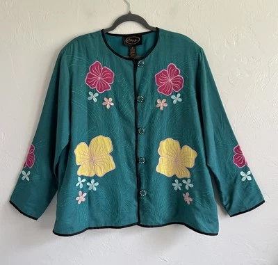 GORGEOUS! Alex Kim Teal Long Sleeve Floral Embroidered Button Up Jacket Size 1X - Image 1 of 4