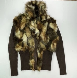 Boston Proper Faux Fur Collared Zip Up Sweater Cardigan Brown Multi Size Small - Picture 1 of 9