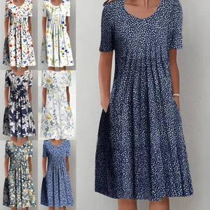 Women Floral Crew Neck Short Sleeve Midi Dress Ladies Loose Pocket Pleated Dress - Picture 1 of 17