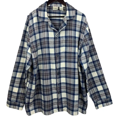Camisa masculina L.L.Bean XL alta azul marrom xadrez flanela pijama dormir top lounge pai - Imagem 1 de 4