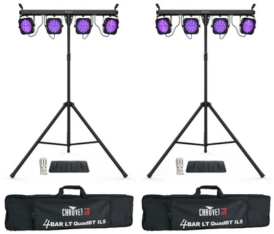 2 Chauvet DJ 4BAR LT QuadBT ILS Bluetooth Light Kits+Tripods+Bags+Footswitches - Image 1 of 4