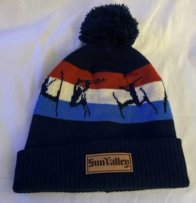 Vintage Sun Valley Idaho Knit Pom Pom Cap Hat Beanie Ski Resort Navy Blue Unisex - Image 1 of 4