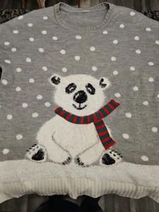 Damen grau Weihnachtspullover Eisbär Schal flauschiger Strickpullover Urlaub XL - Bild 1 von 7