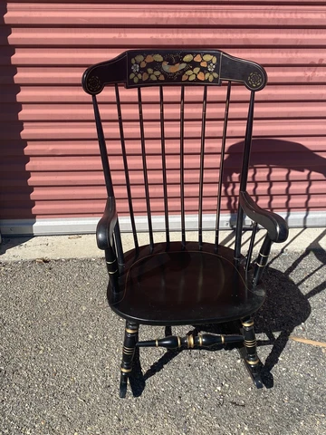 Vintage Ethan Allen Boston Rocking Chair Ebonized Black Folk Art Paint Decor EUC Cover
