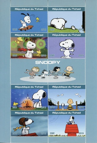 Snoopy Stamps Chad 2019 CTO Peanuts Charlie Brown Cartoons Comics 8v M/S Cover