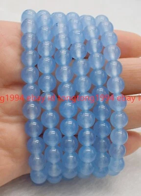 Echte Wunderbare 8mm Blaue Jade Runde Edelstein Perlen Armband 19cm - Bild 1 von 4