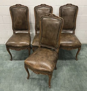 4 Louis XV Provincial Style Dining Chairs By Trouvailles; Leather Upholstery - Picture 1 of 18