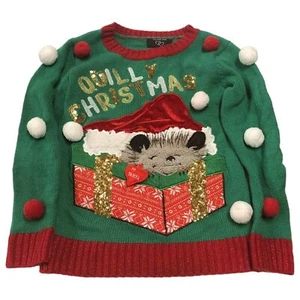 Girls Green Sequin Santa Hedgehog Holiday Christmas Sweater Small 6-6X - Picture 1 of 2