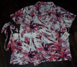 NWT PJ Salvage Ivory/Purple ARTSY PALM TREES Knit Shorts Pajama Set + Headband L - Picture 1 of 7