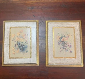 Vintage Wandtafeln Gold vergoldet Florentiner Holz 2er Set Italien Blumenstillleben - Bild 1 von 7