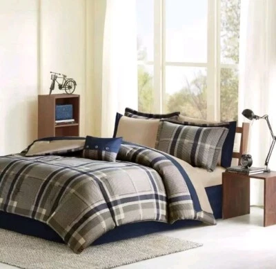 Intelligent Design Bedding Set 7-Pcs Microfiber Plaid Stripe Size Twin Navy/Tan - Image 1 of 4