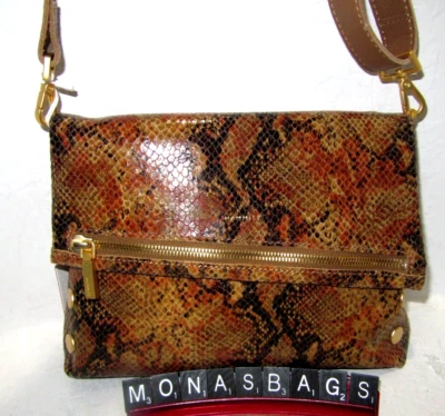 Hammitt VIP Fold-Over Tan  Snake Leather Crossbody Bag Gold Nail Heads NWT $325 - Image 1 of 4