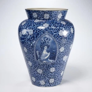 Antique Blue White Transferware Seated Lady Portrait Vase Large 10.5"h - Picture 1 of 9