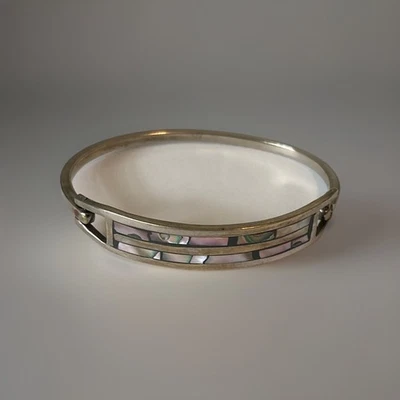 Vintage TAXCO Sterling Silver Hinged Abalone Inlay Cuff Bracelet 15g - Image 1 of 4
