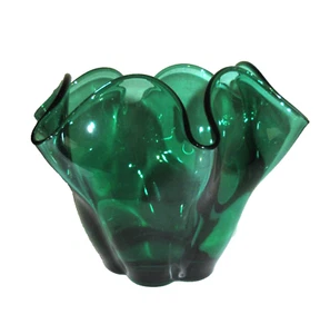Handkerchief Vase Candy Dish Bowl MCM Emerald Green Glass 5.25" Tall x 7" - Picture 1 of 6