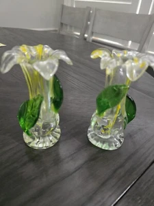 2 Vintage Murano? STIL mundgeblasenes klares Kunstglas mit grünen Blättern gelbe Akzente - Bild 1 von 3