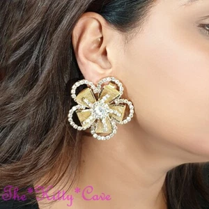 Jahrgang Art Deco Vergoldet Blume Blumen Metall Netz Swarovski-Kristall Ohrringe - Picture 1 of 4