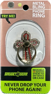 New Sealed Red Cross With Rhinestones Metal Bling Phone Ring Never Drop Ur Phone - Image 1 of 4