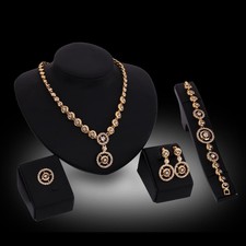 Women 18K Gold Plated Crystal Round Necklace Ring Earrings Jewelry Set BY &D2