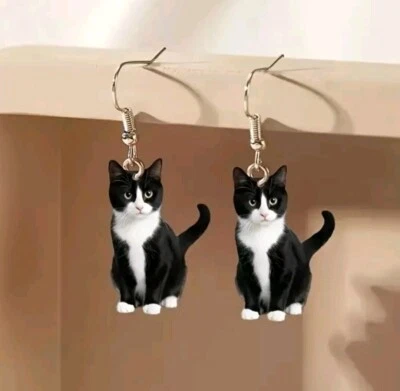 Tuxedo cat earrings Acrylic Flat 2D fashion jewelry NEW Free Ship - Image 1 of 2