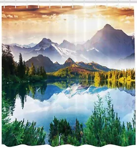 Mountain Lake Scenery Shower Curtain Green Forest Landscape Bathroom Decor 72 In - Picture 1 of 5