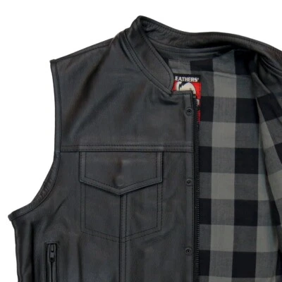 Hot Leathers VSM1059 Men's Black Flannel Grey Motorcycle Club Leather Biker Vest - Image 1 of 4