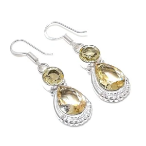 Lemon Quartz Gemstone Handmade 925 Sterling Silver Jewelry Earring Sz 1.75" - Picture 1 of 1