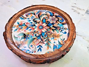Handmade Wooden Serving Tray Platter Epoxy Resin Wood Round Shape Flower Art 11' - Picture 1 of 9