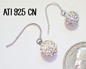 Vtg Signed ATI 925 CN Sterling Silver Small Dangle Crystal Ball Hook Earrings - Picture 1 of 2