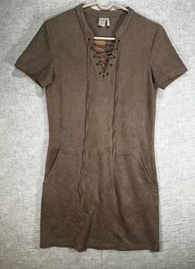 NWT Paper Crane Lace Up Faux Suede mini dress Brown short sleeves Women’s size S - Picture 1 of 8