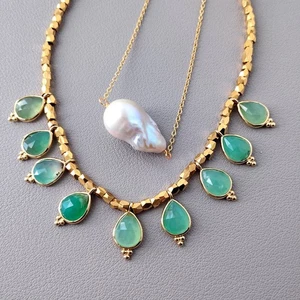 Cultured White Baroque Pearl Chrysoprase Charm Necklace Gemstone Jewelry - Picture 1 of 6