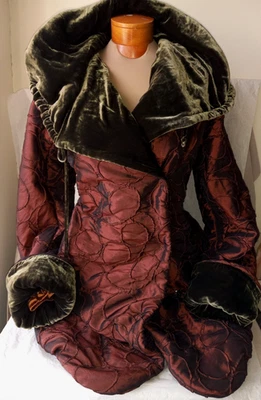 UNIQUE! MIEKO MINTZ BURGUNDY SILK & DARK OLIVE VELVET JACKET COAT SIZE M - Image 1 of 4