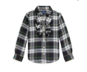 $80 NWT RALPH LAUREN Girl's Ruffled Plaid Cotton Twill Shirt Size 12 Green/Cream - Picture 1 of 11