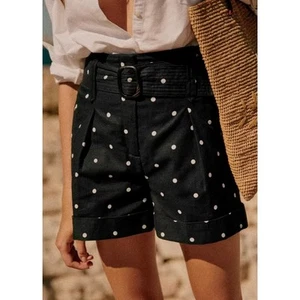 SEZANE Rome Shorts Womens 4 Black White Polka Dot Linen Belted Pleated High Rise - Picture 1 of 17