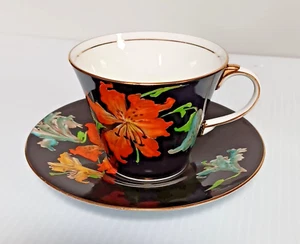 Rare Aynsley Cup & Saucer Black Raised Floral Design & Gold Trim Rego No. B 4824 - Picture 1 of 12