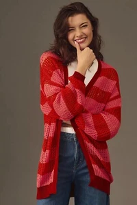 Anthropologie Farm Rio Striped Open-Front Cardigan Sweater Pink Red XXS NWT - Picture 1 of 6