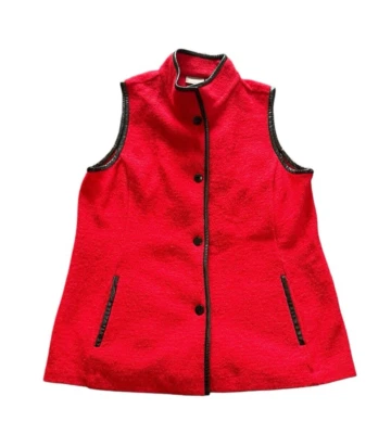 Chicos Women's Boiled 100% Wool Long Vest Size 2 Vegan Leather Trim Pockets Red - Image 1 of 4