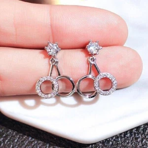 3Ct Round Cut Lab Created Diamond Drop Dangle Earrings 14K White Gold Plated - Picture 1 of 3