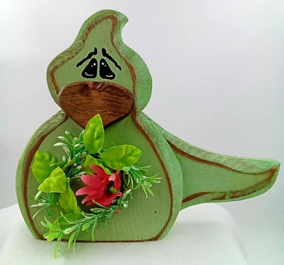 Sitting Bird Wood Handmade Painted Green Distressed Rustic Pink Floral 12x10x1.5 - Image 1 of 4
