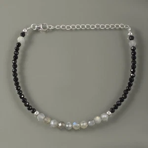 Flashy Labradorite & Black Spinel 2 Multi Faceted Gemstone Beaded Bracelet 6-8" - Picture 1 of 10