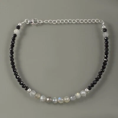 Flashy Labradorite & Black Spinel 2 Multi Faceted Gemstone Beaded Bracelet 6-8" - Image 1 of 4