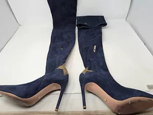 Elisabetta Franchi Blue Suede Thigh High Boots Size 8 Rhinestone Stars - Picture 1 of 16