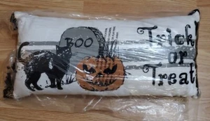 Trick Or Treat Halloween Retro Style Black Cat Fringed Throw Pillow 20 x 10 - Picture 1 of 4