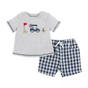 Mud Pie Golf Applique Navy Plaid Short Set 4T-5T - Foto 1 di 3