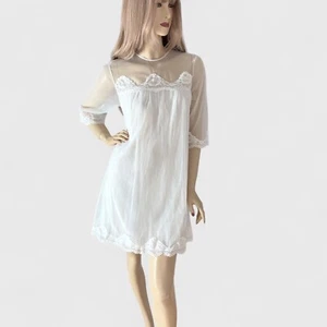 1960s Vintage White Chiffon Bridal Mini Nightie Night Dress Lace Trim Size S/M - Picture 1 of 8